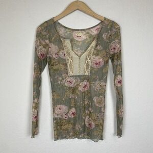 Denim & Supply Ralph Lauren M Floral Sheer Lace Top Henley T-Shirt Vtg Y2K Fairy